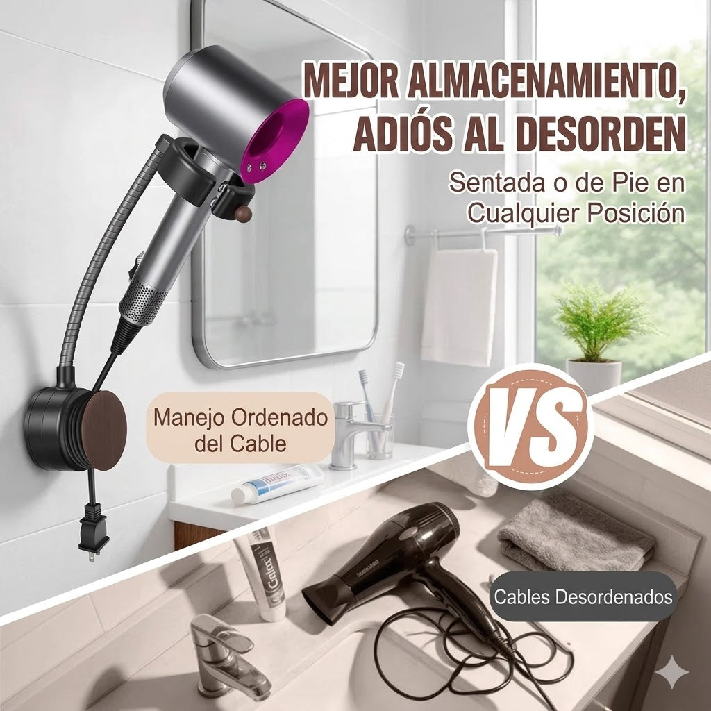 Soporte manos libres para secador SEANCHEER, giratorio 360°, ajustable y fácil de instalar sin perforar.
