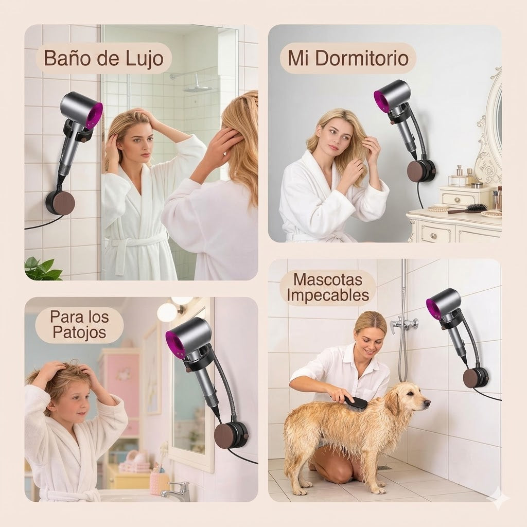 Soporte manos libres para secador SEANCHEER, giratorio 360°, ajustable y fácil de instalar sin perforar.
